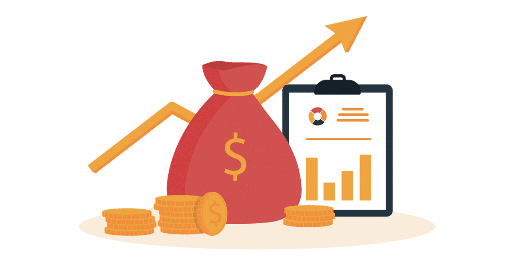 Cartoon image of money bag and chart going up