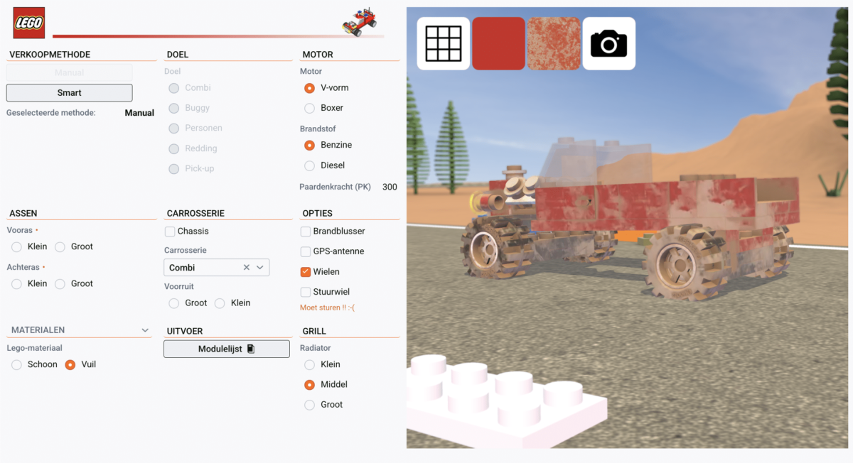 Een 3D-configurator van een speelgoedauto van Lego